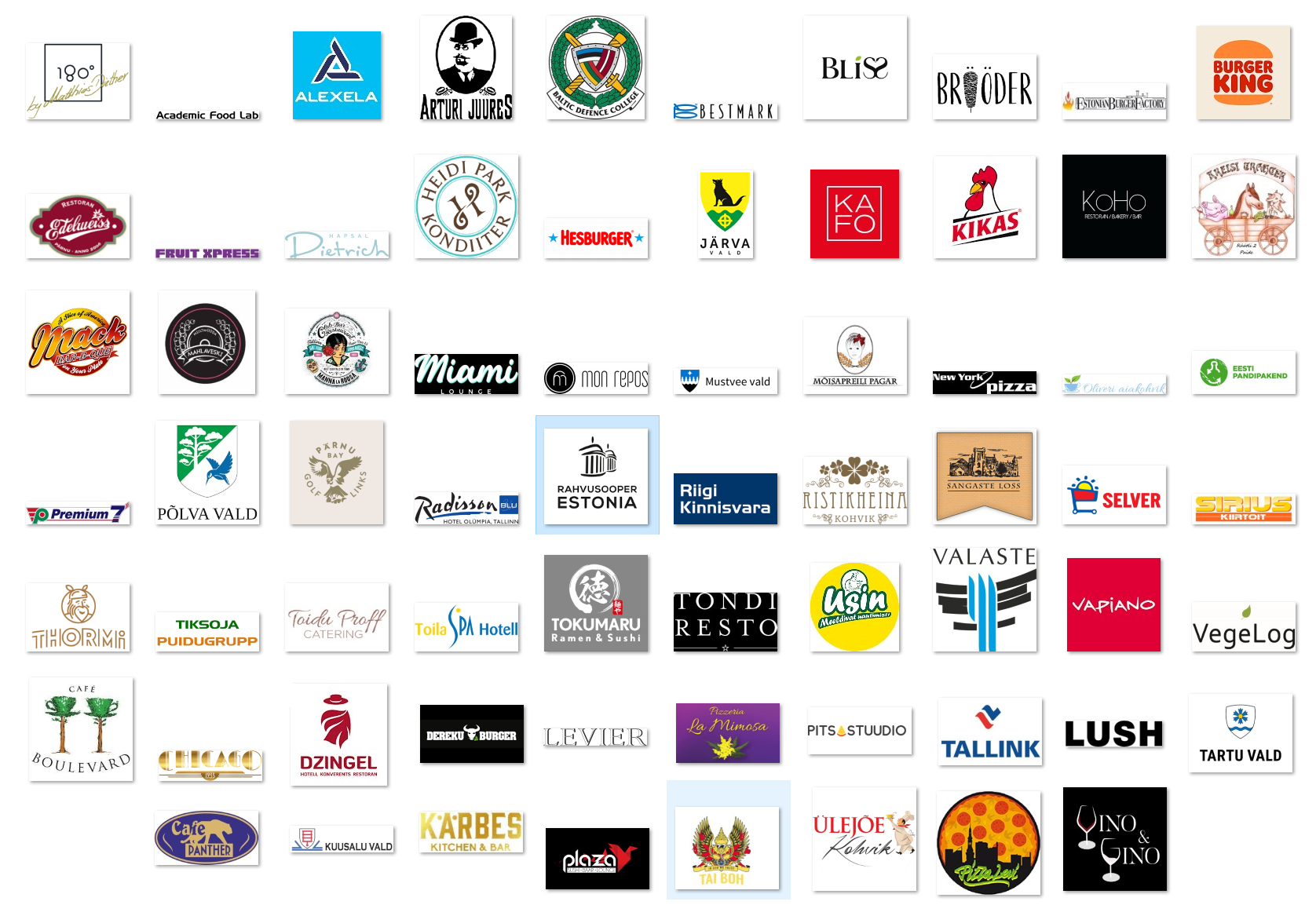 Mõned Eltermo kliendid..180 degrees, Academic Food lab, Alexela, Arturi juures, Baltic defence college, Bestmark, Bliss, Brööder, Estonian Burger Factory, Burger King, Edelweiss, Fruit Express, Hapsal Dietrich, Heidi Park Kondiiter, Hesburger, Järva vald, Kafo, Kikas, Koho, Kreisi trahter, Mack-bar-b-que, Mahlaveski, Manna la roosa, Miami, Mon Repos, Mustvee vald, Mõisapreili pagar, New York Pizza, Oliveri aiakohvik, Eesti pandipakend, Premium 7, Põlva vadl, Pärnu Bay Golf, Radisson Blu Olümpia, Rahvusooper Estonia, Riigi Kinnisvara, Ristikheina kohvikj, Sangaste loss, Selver, Sirius, Thormi, Tiksoja Puidugrupp, Toiduproff, Toila Spa hotell, Tokumaru, Tondi Resto, Usin, Valaste puhkeküla, Vapiano, Vegelog, Boulevard, Chicago, Dzingel, Dereku burger, Levier, La Mimosa, Pitsastuudio, Tallink, Lush, Tartu vald, Cafe Panther, Kuusalu vald, Sushiplaza, Tai Poh, Ülejõe kohvik, Pizzalevi, Vino&Gino, Xfly